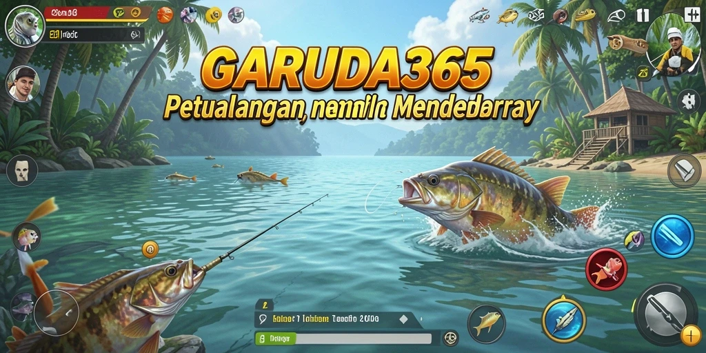 Screenshot utama GARUDA365 menampilkan aksi memancing yang menegangkan di lokasi indah.