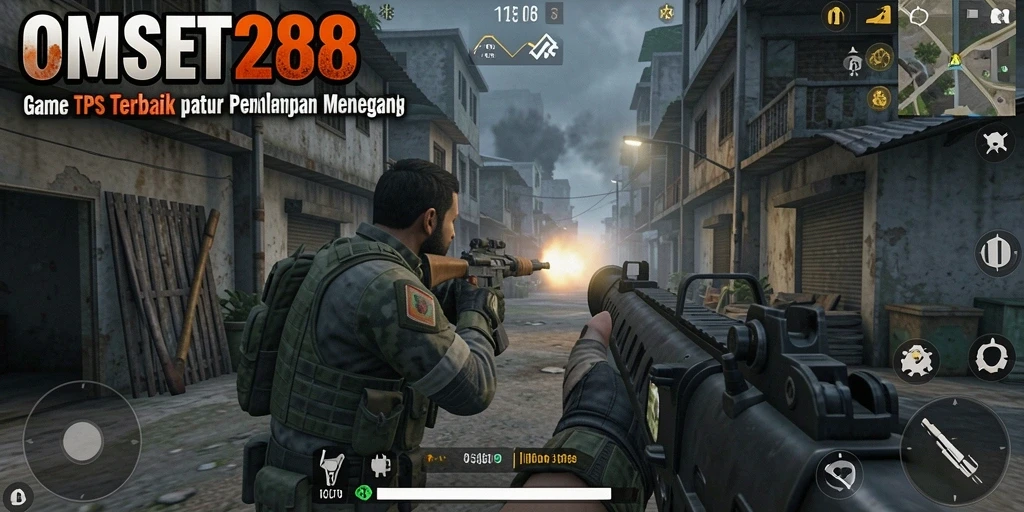 Screenshot gameplay OMSET288 menunjukkan aksi intens dalam pertempuran TPS.